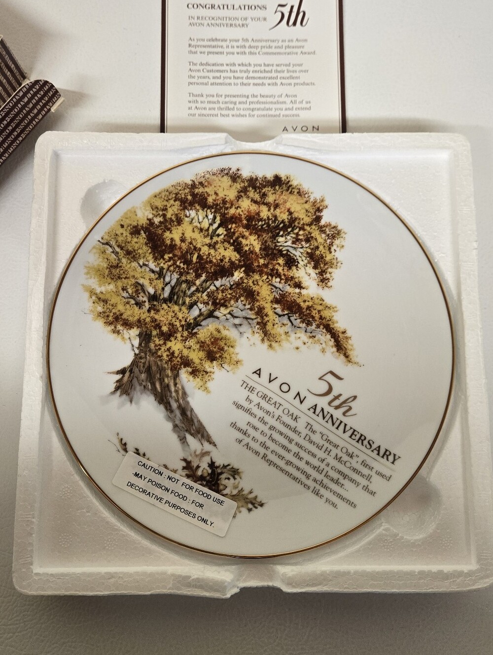 Avon 5th Anniversary Decorative Commemorative Plate with Golden Oak Illustration